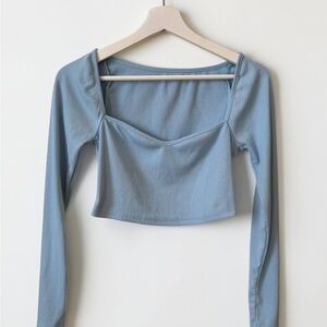 SHEIN Dusty Blue Ribbed Square Neck Long Sleeve Crop Top